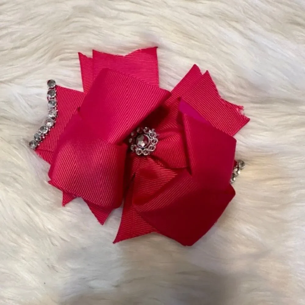 Hot Pink Deluxe Bow w Rhinestone Center    7802  Handmade NWT Boutique